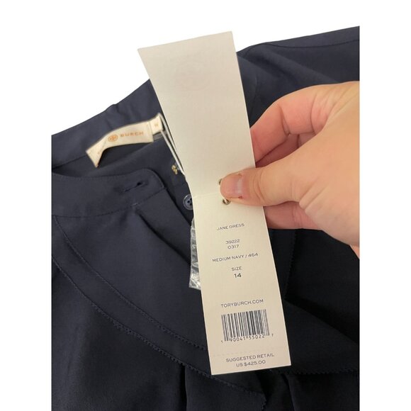 Tory Burch Womens Jane Shirt Dress Size 14 Navy Blue Ruffle Crepe de chine NWT - Picture 8 of 15